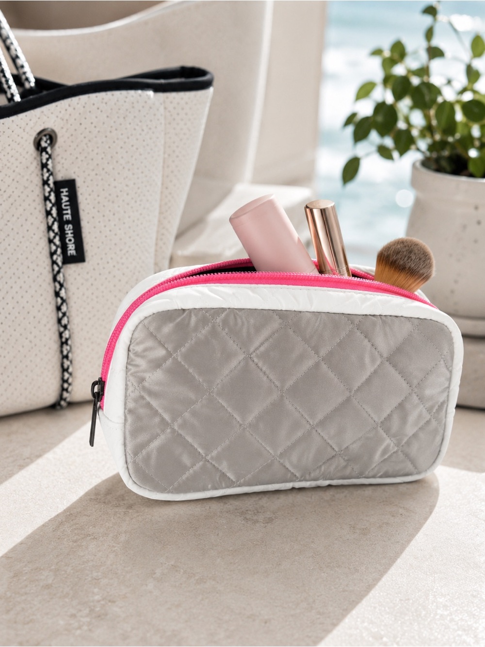 Haute Shore Charli Lux Gray Quilted Puffer Cosmetic Bag Pink NWT